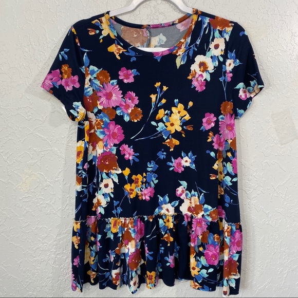 Sweet Legacy Boutique Tops - Blue Floral Ruffle Top Baby Suede Peplum